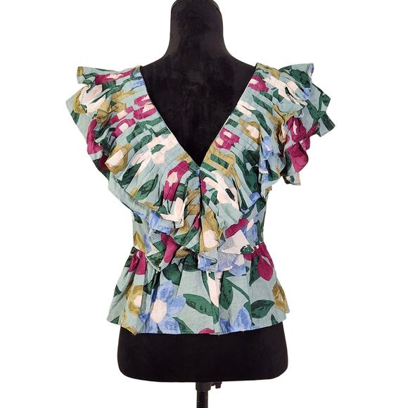 ENTRO Floral Peplum Top with Ruffled Sleeves, Size Medium - Picture 3 of 10